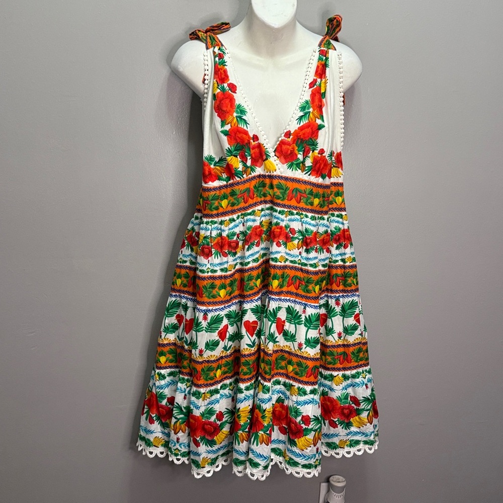New Farm Rio x Anthropologie v-neck tiered mini Tropical Foliage Anika dress - Picture 4 of 6